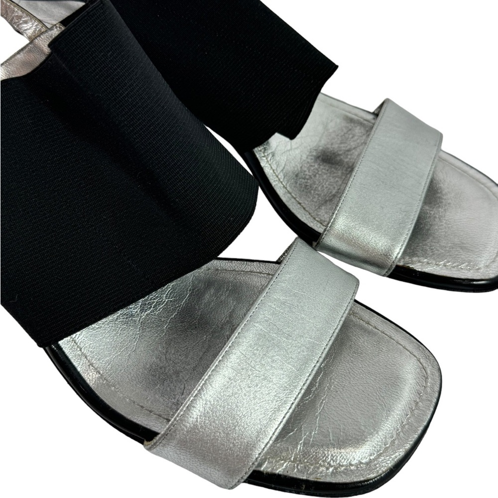 1999 CHANEL Silver Metallic Leather Black Spandex Slingback Sandals 36-6US - Picture 6 of 11